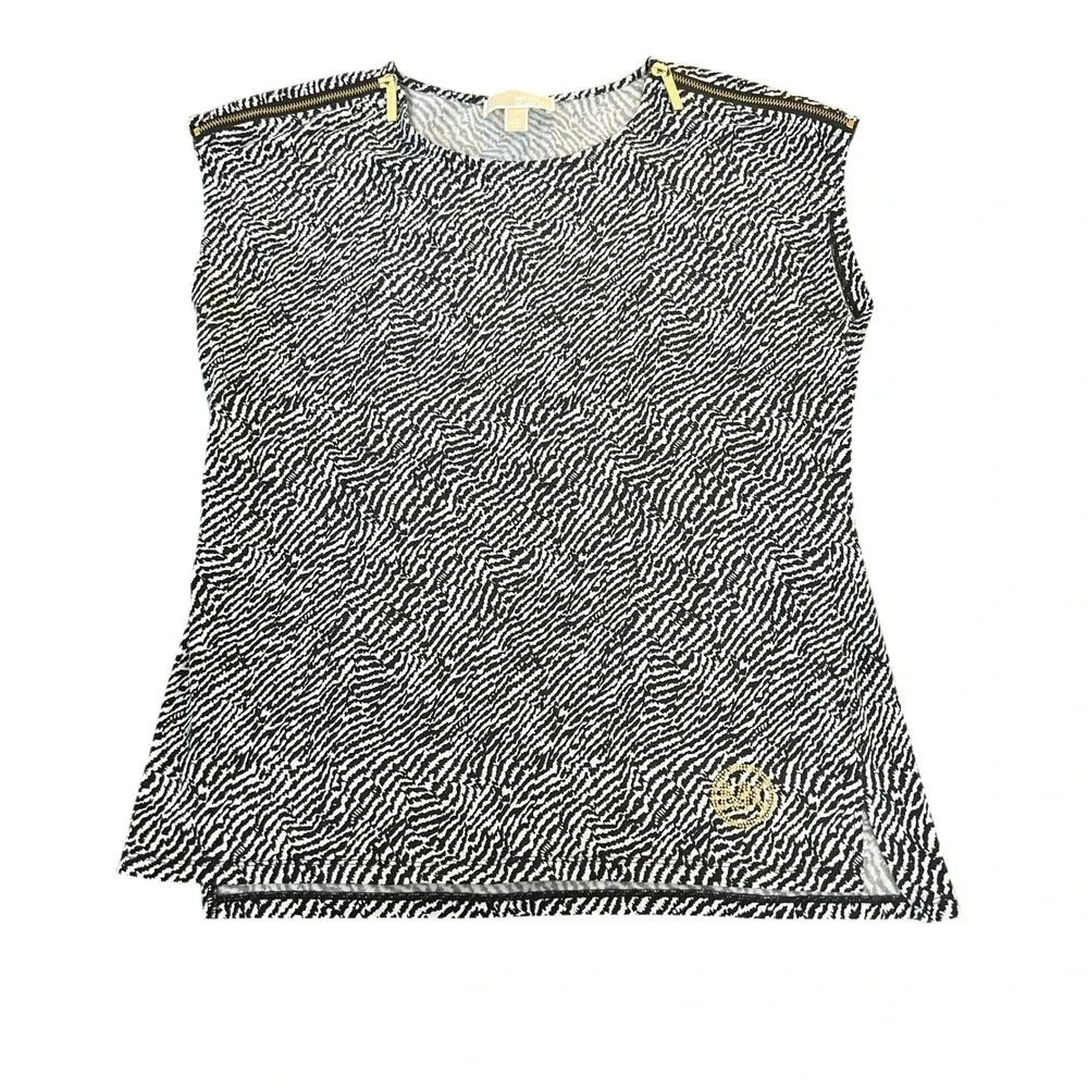 Michael Kors Zebra Print Sleeveless Top Gold Zip Shoulder Studded Logo L (1189)